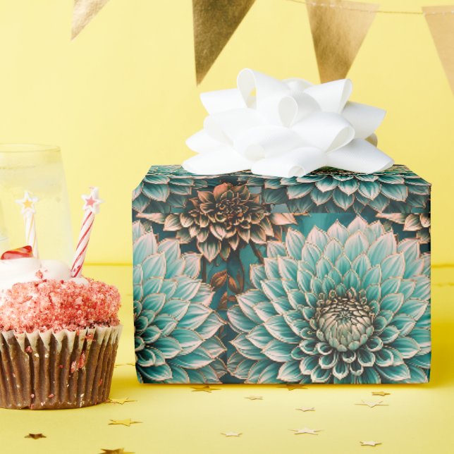 Papier Cadeau Fleur Dahlia en Art numérique bleu Aqua Turquoise (Fête d'anniversaire)