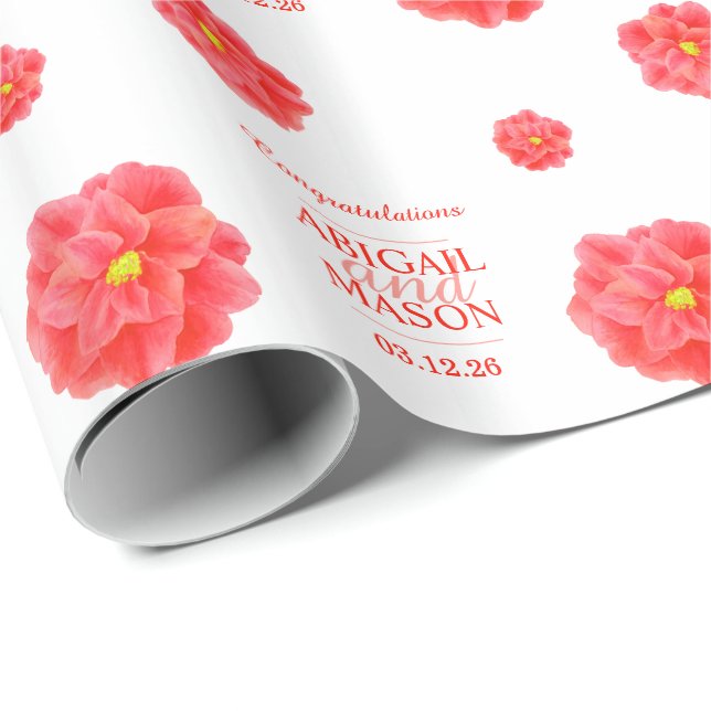 Papier Cadeau Fleur d'aquarelle Camellia rouge blanc mariage (Coin rond)