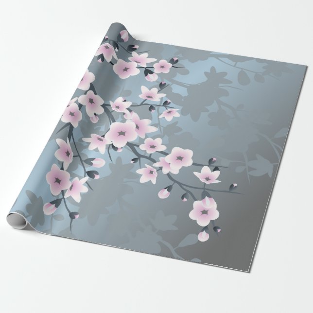 Papier Cadeau Fleur de cerisier Dusty rose bleu (Déroulé)