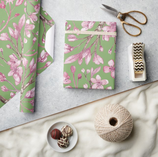 Papier Cadeau Fleur de cerisier rose imprimé vert (Artisanat)