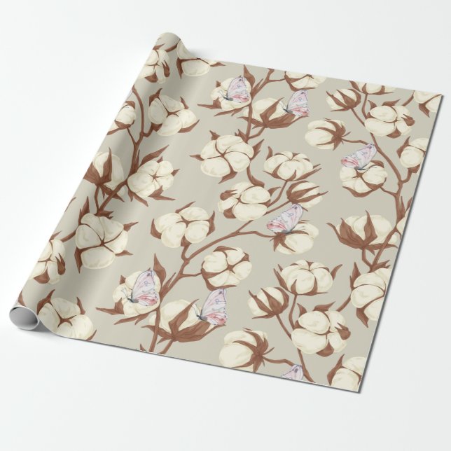 Papier Cadeau Fleur de coton Pastel et papillons Botanique  (Déroulé)