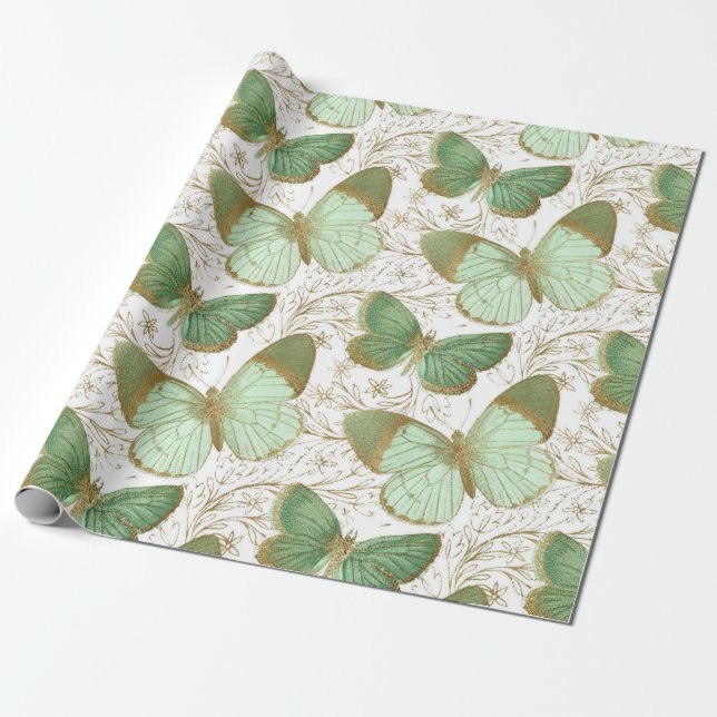 Papier Cadeau Fleur de fleurs florales blanches du papillon vert (Déroulé)