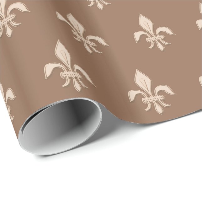 Papier Cadeau Fleur de Lis en beige clair sur Taupe Tan (Coin rond)