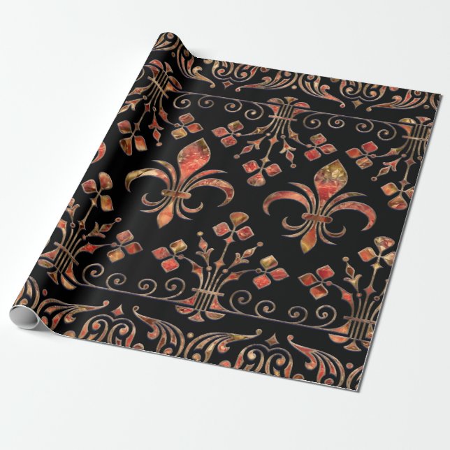 Papier Cadeau Fleur de lis ornement Marbre rouge (Déroulé)