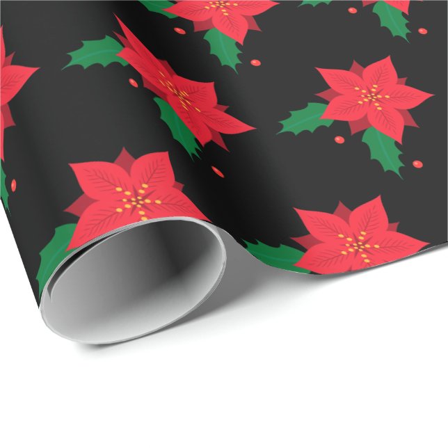 Papier Cadeau Fleur de Noël rouge Poinsettia sur le noir (Coin rond)