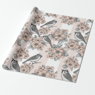 Papier Cadeau Fleur de oiseau vintage Toile rayure (1)