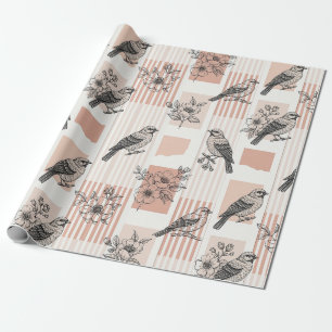 Papier Cadeau Fleur de oiseau vintage Toile rayure (11)