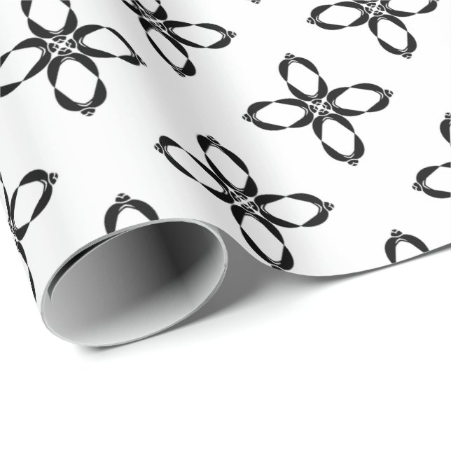 Papier Cadeau Fleur de pingouin noir et blanc (Coin rond)