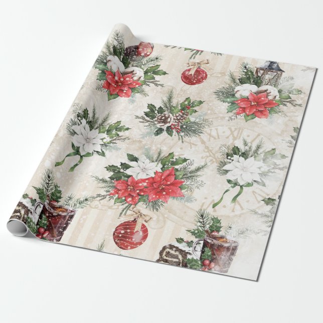 Papier Cadeau Fleur de poinsettie rouge et blanche de Noël class (Déroulé)