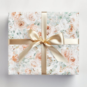 Papier Cadeau Fleur de rose aquarelle feuilles d'eucalyptus flor