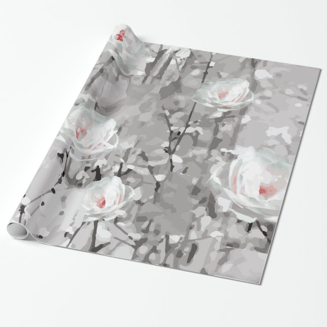 Papier Cadeau Fleur de rose blanche gris floral d'hiver (Déroulé)