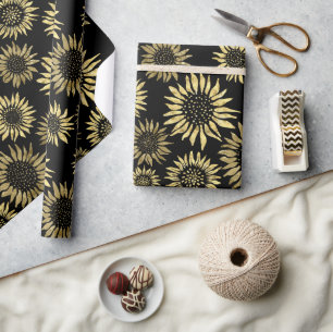 Papier Cadeau Fleur de soleil de fleurs d'or noir