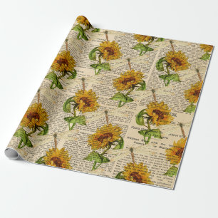 Papier Cadeau Fleur de Tournesol Vintage Libellule Campagne Rust