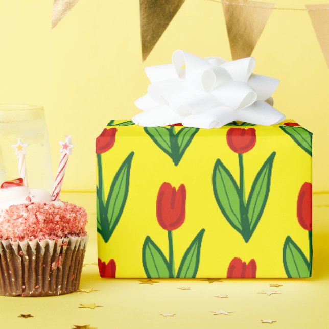 Papier Cadeau Fleur de tulipe rouge vive jaune personnalisé (Fête d'anniversaire)