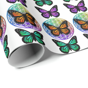 Papier Cadeau Fleur de vie colorée de papillons élégants
