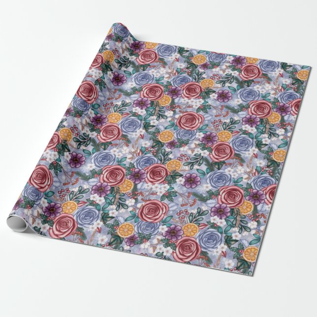 Papier Cadeau Fleur d'hiver Yule Papier d'enveloppement de Noël (Déroulé)