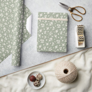 Papier Cadeau Fleur Ditsy Florale Vert Sauge Cottagecore Neutre 