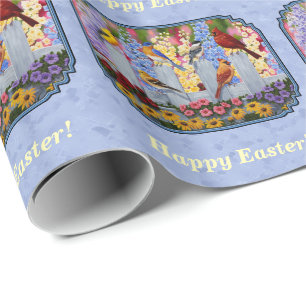 Papier Cadeau Fleur d'oiseaux colorée Jardin Bleu
