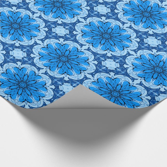 Papier Cadeau Fleur géométrique Motif en Cerulean & Bleu clair (Coin)