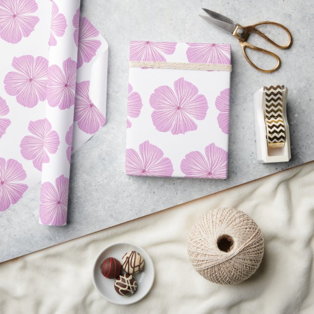 Papier Cadeau Fleur Lavatera rose sur blanc (Artisanat)