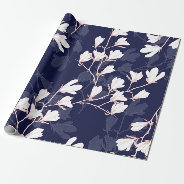 Papier Cadeau Fleur Magnolia sans couture motif avec fleur blanc (Déroulé)