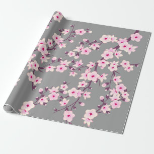 Papier Cadeau Fleur mignonne de cerise rose Gris