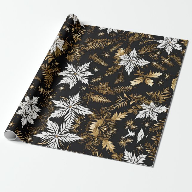 Papier Cadeau Fleur Noir Blanc Or (Déroulé)