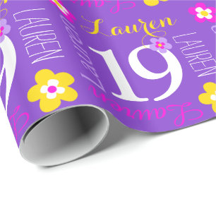 Papier Cadeau Fleur nom personnalisé Lauren 19e anniversaire env