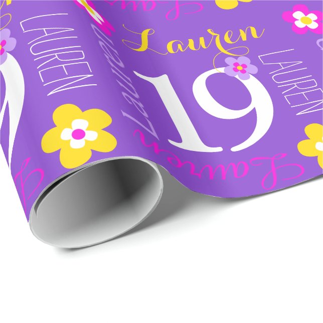 Papier Cadeau Fleur nom personnalisé Lauren 19e anniversaire env (Coin rond)
