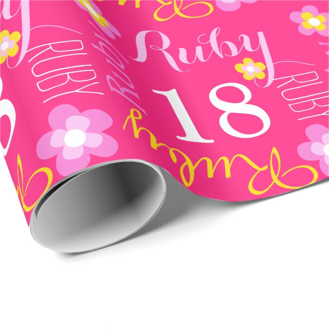 Papier Cadeau Fleur nom personnalisé Ruby 18 anniversaire envelo (Coin rond)