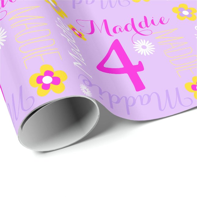 Papier Cadeau Fleur personnalisé rose violet âge de 4 ans (Coin rond)