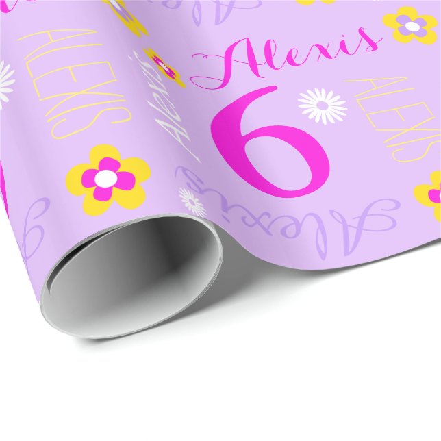 Papier Cadeau Fleur personnalisée rose violet âge de 6 ans (Coin rond)