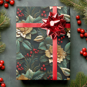 Papier Cadeau Fleur Poinsettia en or 3D en vert Noël