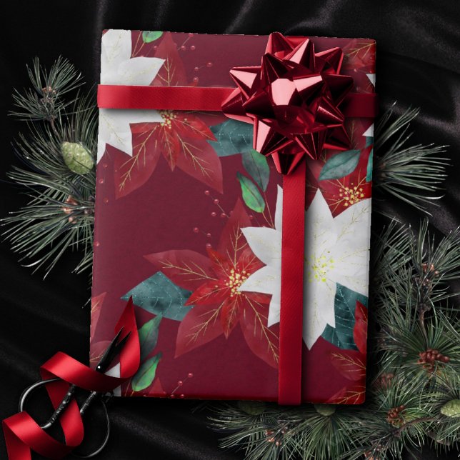 Papier Cadeau Fleur Poinsettia Rouge et Vert Noël Floral (Créateur téléchargé)