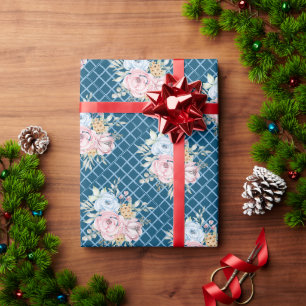 Papier Cadeau Fleur rose et bleue à carreaux bleus aquarelle