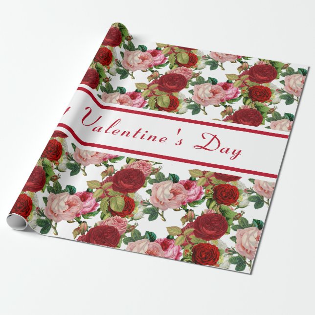 Papier Cadeau Fleur rose et rose rouge de la Saint-Valentin (Déroulé)