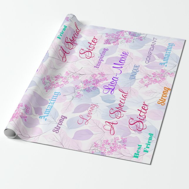 Papier Cadeau Fleur rose Soeur spéciale coeur réfléchi (Déroulé)