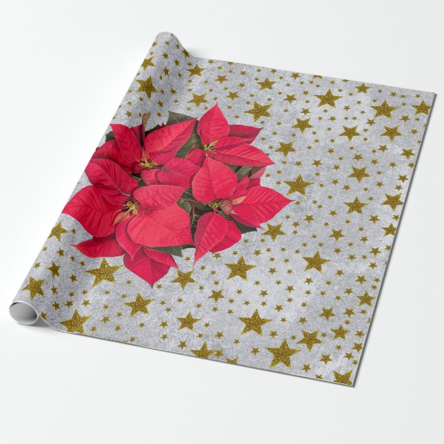 Papier Cadeau Fleur rouge de Noël étoiles sur argent abstrait (Déroulé)