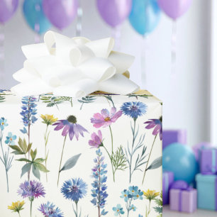 Papier Cadeau Fleur Sauvage Aquarelle Bleu Violet