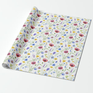 Papier Cadeau Fleur sauvage aquarelle bleue rouge