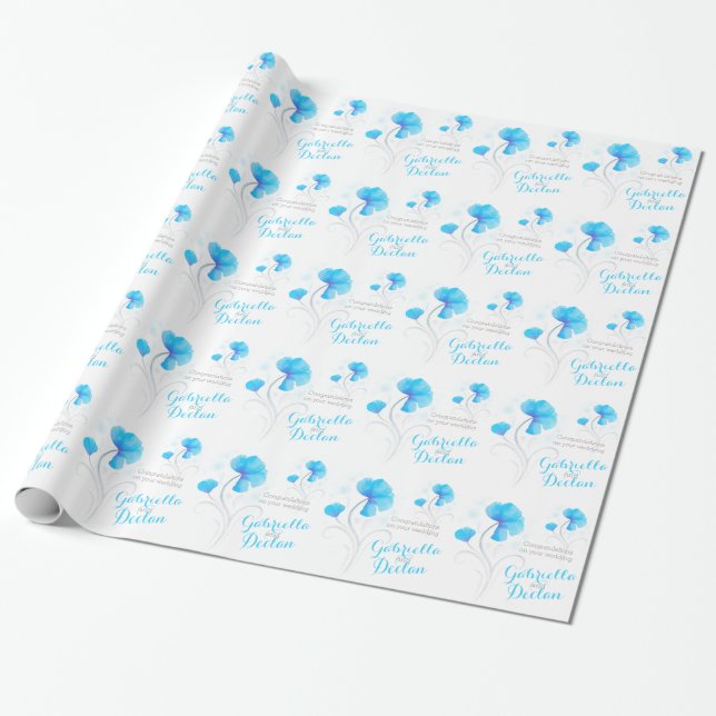 Papier Cadeau fleur sauvage mariage bleu gris enveloppement (Déroulé)