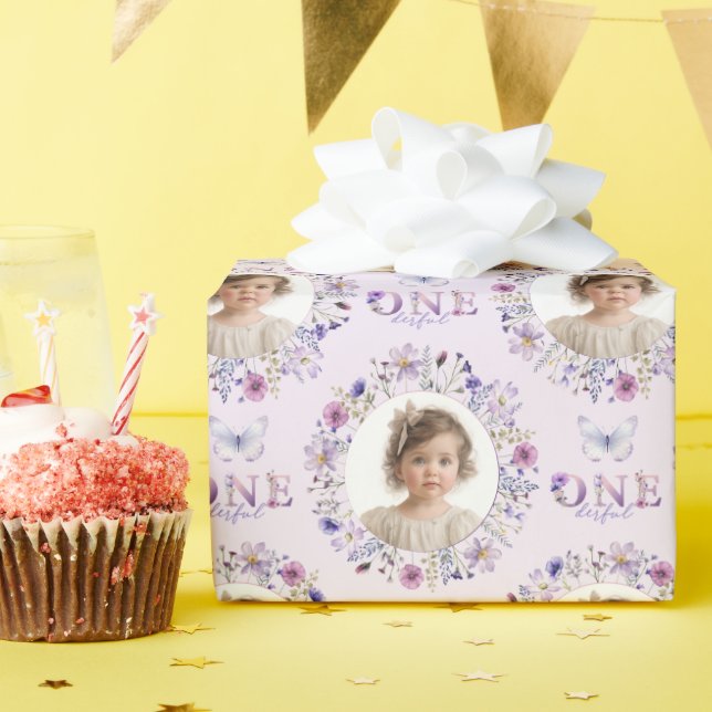 Papier Cadeau Fleur sauvage violet premier anniversaire envelopp (Fête d'anniversaire)
