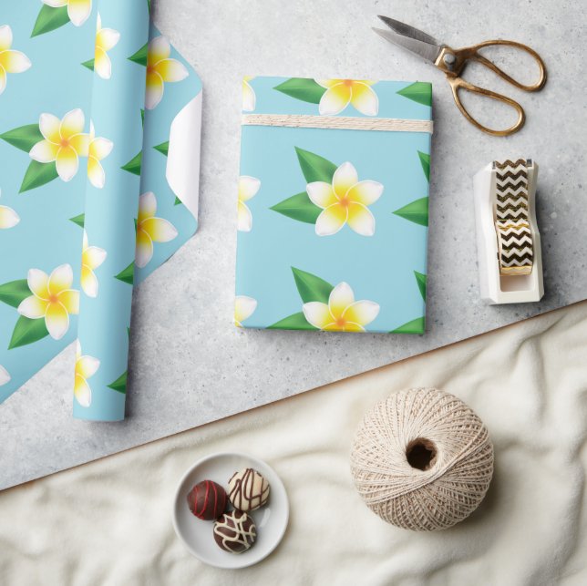 Papier Cadeau Fleur Tropicale Frangipani Plumeria Blanc Sur Bleu (Artisanat)