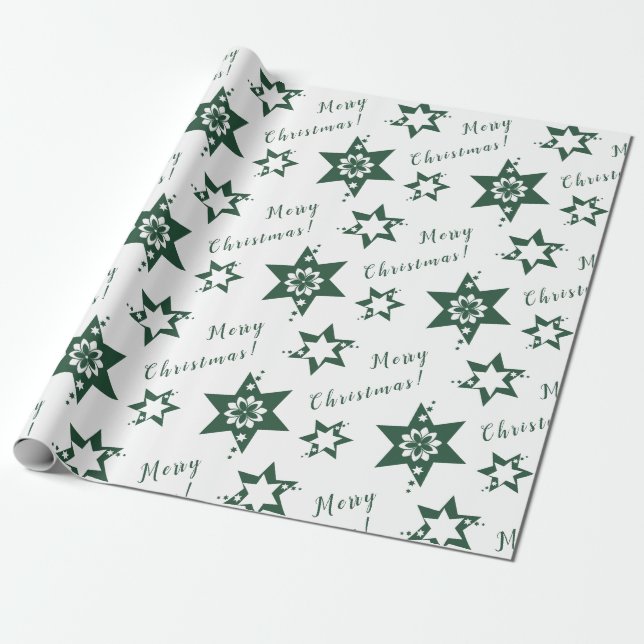 Papier Cadeau 🌟 fleuriste vert étoile Joyeux Noël blanc (Déroulé)