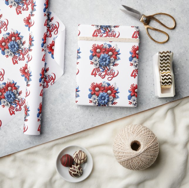 Papier Cadeau Fleurs 4 juillet en bleu blanc et bleu patriotique (Artisanat)