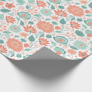 Papier Cadeau Fleurs Abstraites Corail et Vert Minimaliste