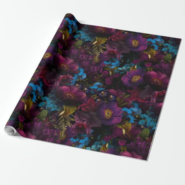 Papier Cadeau Fleurs antiques violettes baroques luxuriantes sur (Déroulé)