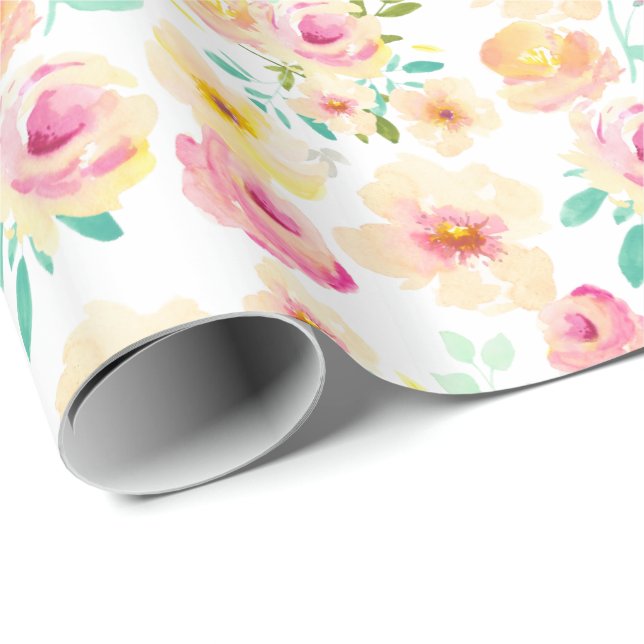Papier Cadeau Fleurs Aquarelle Jaune Jolie Rose (Coin rond)