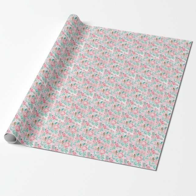 Papier Cadeau Fleurs aquarelle rose (Déroulé)