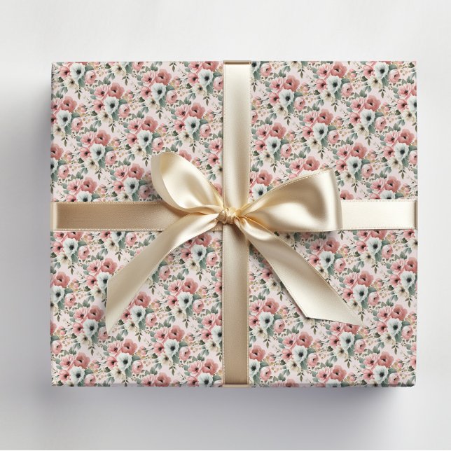 Papier Cadeau Fleurs Aquarelle Rose Blanc (Elegant pink and white watercolor floral wrapping paper)